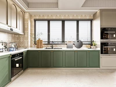 Elegant Modern Kitchen Interior With Green Cabinets Windows Appliances And Countertop 3d model