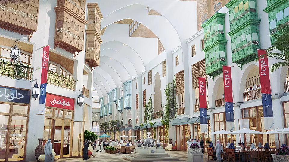 Shopping Mall Stores Featuring Arched Ceilings Traditional Design Greenery Outdoor Seating And Pedestrians 3d model 