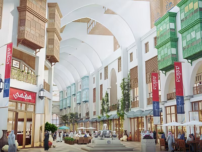 Shopping Mall Stores Featuring Arched Ceilings Traditional Design Greenery Outdoor Seating And Pedestrians 3d model
