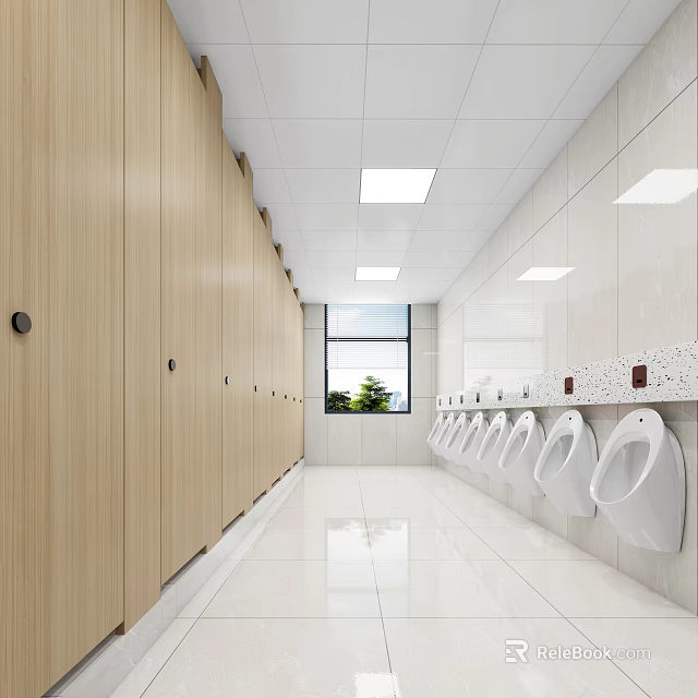 Clean Public Restroom With Wooden Partitions And Urinals 3d model 