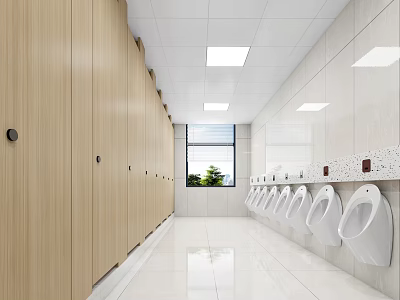 Clean Public Restroom With Wooden Partitions And Urinals 3d model