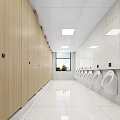 Clean Public Restroom With Wooden Partitions And Urinals