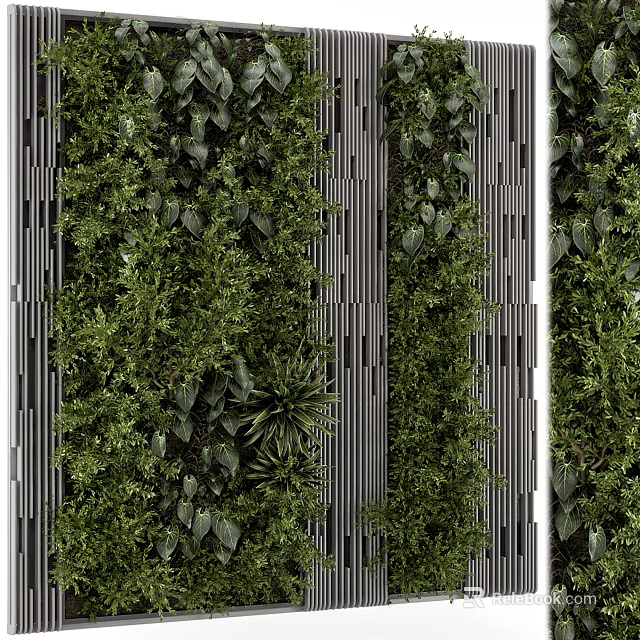 Green Plant Wall with Vertical Metal Strips for Modern Interior Design 3d model 