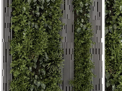 Green Plant Wall with Vertical Metal Strips for Modern Interior Design 3d model