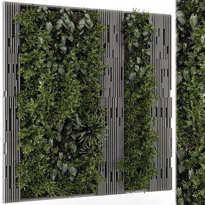 Green Plant Wall with Vertical Metal Strips for Modern Interior Design 3d model