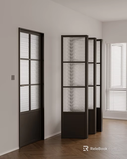 Modern Hinged Door With Glass Panel And Geometric Pattern Black Frame Interior Design 3d model