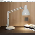 White Adjustable Desk Lamp on Dark Table with Wooden Wall and Books