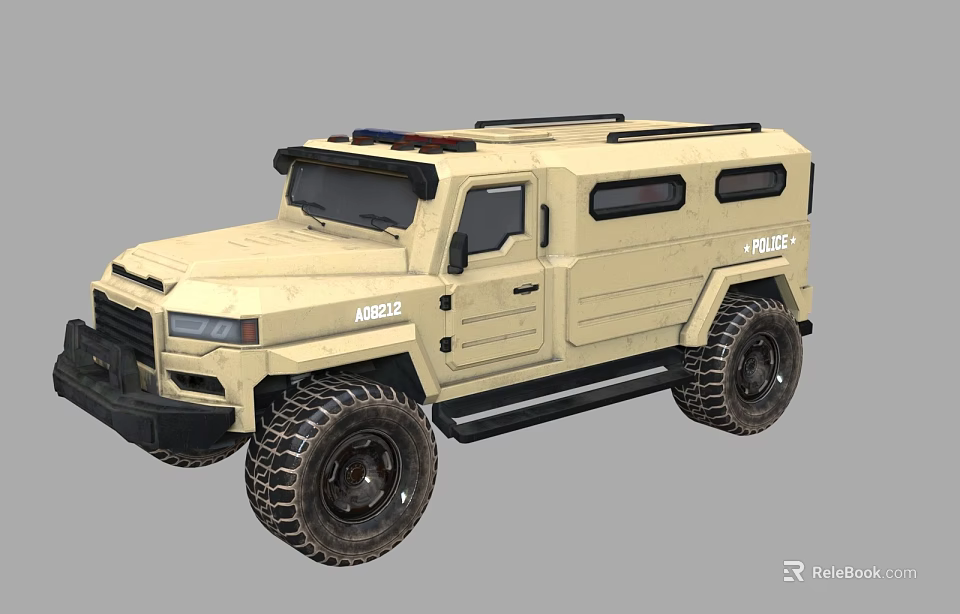 Beige Police Off Road Vehicle With Emergency Lights And Large Tires 3d model 