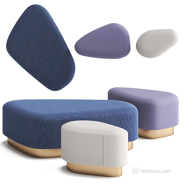 Colorful Fabric Ottoman Stools With Round Design And Gold Bases 3d model 