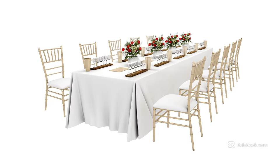 Dining Table Set With Golden Chairs White Cushions White Tablecloth Red Flowers And Tableware Arrangements 3d model 