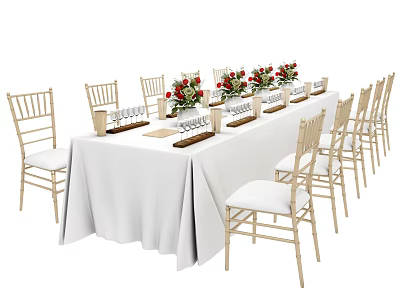 Dining Table Set With Golden Chairs White Cushions White Tablecloth Red Flowers And Tableware Arrangements 3d model