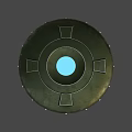 Disc Shaped Metallic UFO With Green Top Lights And Blue Base Lights