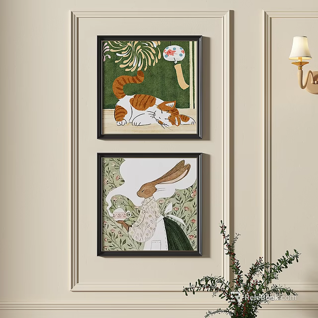 Abstract Art Paintings With Cat And Rabbit On Wall 3d model