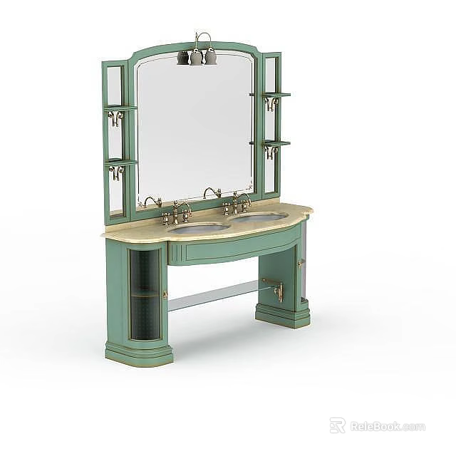 Vintage Green Bathroom Vanity Set with Double Sinks Mirror and Storage Cabinets 3d model 