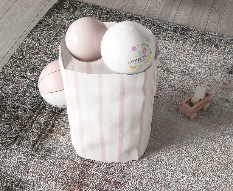 Striped Storage Bag Containing Colorful Balls And Small Toy Car On Carpet 3d model 