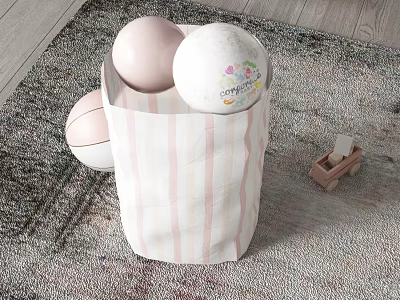 Striped Storage Bag Containing Colorful Balls And Small Toy Car On Carpet 3d model