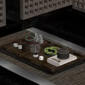 Traditional Chinese Tea Serving Trays with Teapot Green Moss and Porcelain Cups