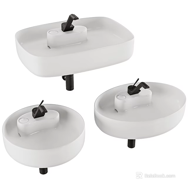 Modern Minimalist Washbasins Three White Square And Round Shapes With Black Faucet Fixtures 3d model 