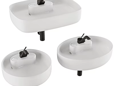 Modern Minimalist Washbasins Three White Square And Round Shapes With Black Faucet Fixtures 3d model