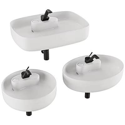 Modern Minimalist Washbasins Three White Square And Round Shapes With Black Faucet Fixtures 3d model