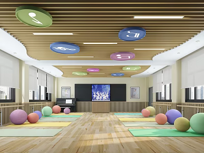 Indoor fitness workout space with ceiling round decor and colorful exercise balls on wooden floor 3d model