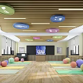 Indoor fitness workout space with ceiling round decor and colorful exercise balls on wooden floor