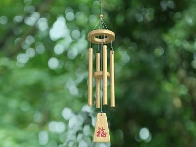 Wooden Wind Chime Decorative Ornament Set With Bamboo Tubes Fu Character Pendant Natural Green 3d model