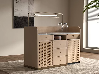 Reception Desk With Wooden Frame Rattan Panels Drawers And Marble Countertop Lighting 3d model