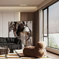 Modern Living Room Interior With Black Leather Sofa Round Wooden Coffee Table Geometric Rug And Abstract Wall Art