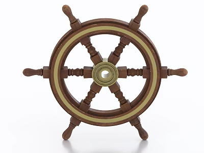 Marine Industrial Equipment Wooden Ship Steering Wheel With Brass Accents Spokes And Central Hub Design 3d model