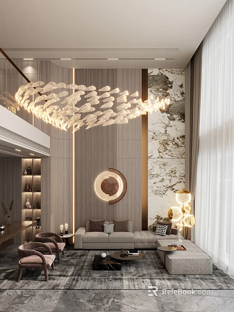 Modern Duplex Living Room Interior With Unique Chandelier Cozy Sofa And Artistic Wall Decor 3d model 