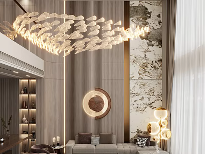 Modern Duplex Living Room Interior With Unique Chandelier Cozy Sofa And Artistic Wall Decor 3d model