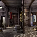 Traditional Chinese Cultural Center Interior With Wooden Furniture Bamboo Crafts And Vintage Decorations
