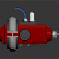 Detailed View of Red Industrial Mechanical Device with Silver Metal Components Label and Connecting Pipes