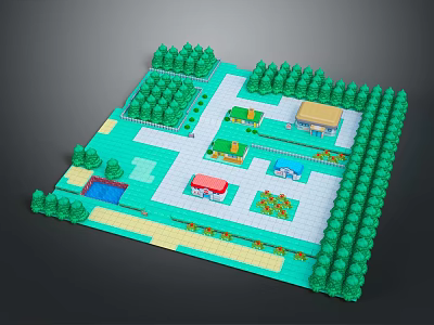 3D Garden Layout Design With Green Trees Buildings Water Feature And Pathways 3d model