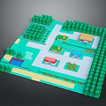3D Garden Layout Design With Green Trees Buildings Water Feature And Pathways