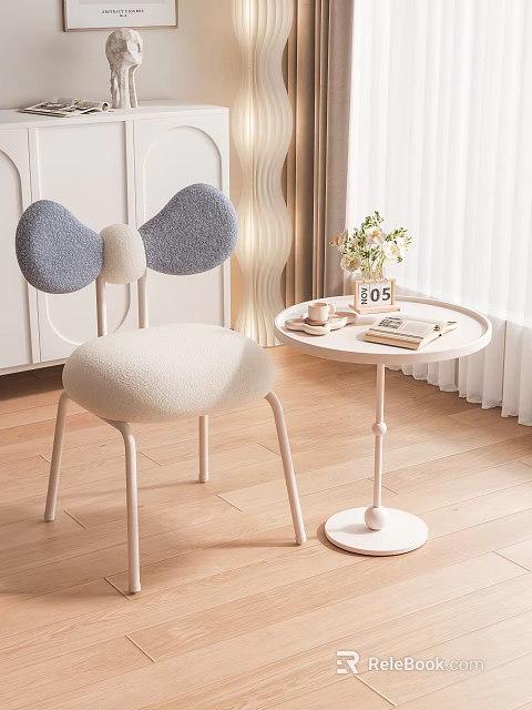 Accent Leisure Chair With Butterfly Backrest Gray Beige Cushions White Legs And Round Side Table 3d model 
