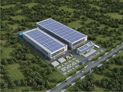Modern Industrial Factory With Rooftop Solar Panels Surrounded by Green Woodland and Facilities 3d model
