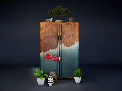 Entryway Side Cabinet with Wooden Blue Gradient Finish Double Door and Decorative Plants 3d model
