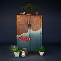 Entryway Side Cabinet with Wooden Blue Gradient Finish Double Door and Decorative Plants