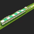 Outdoor Stage With Green White Striped Awning Orange White Flowers Wooden Crates And Grassland Background