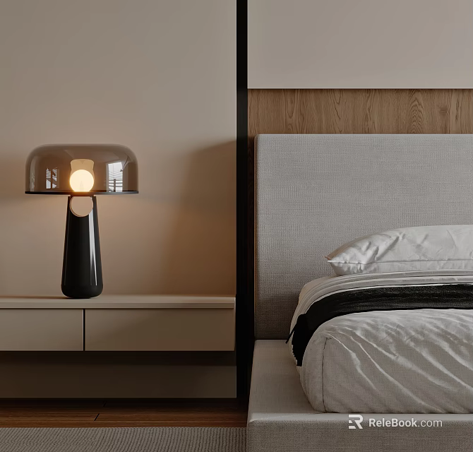Illuminated Modern Table Lamp With Transparent Shade And Black Base On Bedroom Nightstand 3d model 