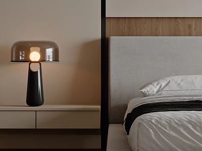 Illuminated Modern Table Lamp With Transparent Shade And Black Base On Bedroom Nightstand 3d model