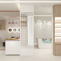 Yue Jiaoniang Reception Counter Area With White Cabinets Curved Column Circular Light And Green Plant