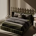 Green Velvet Double Bed With Bamboo Pattern Headboard Gray And White Pillows White Nightstands And Table Lamp In Modern Bedroom
