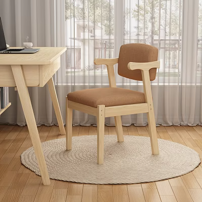 Cozy Bedroom Interior With Wooden Desk Laptop Brown Cushioned Chair Round Light Rug Wooden Floor 3d model