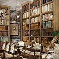 Vintage Café Interior With Bookshelves Chandelier Wooden Tables Windows And Green Plants