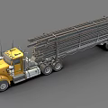 Yellow Heavy Duty Truck Transporting Logs on Large Trailer with Metal Racks