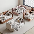 Four Baby Beds In Brown Pink Beige With Pillows And Blankets Light Room Wooden Floor