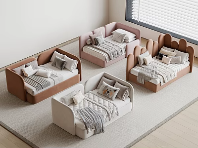 Four Baby Beds In Brown Pink Beige With Pillows And Blankets Light Room Wooden Floor 3d model